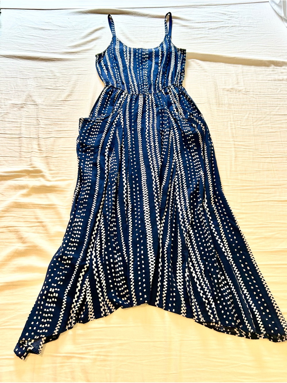 CAbi Navy Blue & White Striped Dot Maxi Dress